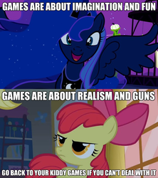 Size: 625x703 | Tagged: safe, edit, edited screencap, screencap, apple bloom, princess luna, gamer luna, bridle gossip, g4, luna eclipsed, season 1, season 2, dialogue, duo, huzzah, image macro, meme