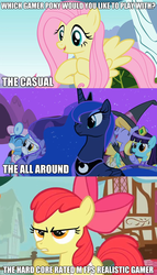 Size: 625x1095 | Tagged: safe, apple bloom, fluttershy, minuette, princess luna, pegasus, pony, gamer luna, call of the cutie, g4, luna eclipsed, season 1, season 2, caption, female, gamershy, image macro, mare