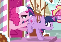 Size: 685x470 | Tagged: safe, screencap, pinkie pie, twilight sparkle, earth pony, pony, unicorn, baby cakes, g4, back hoof raised, butt touch, diaper, diaper on head, female, fetish fuel, hoof on butt, mare, out of context, pushing, rump push, unicorn twilight