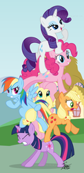 Size: 600x1227 | Tagged: safe, artist:tehjadeh, applejack, fluttershy, pinkie pie, rainbow dash, rarity, twilight sparkle, earth pony, pegasus, pony, unicorn, g4, female, mane six, mare, tower of pony, unicorn twilight