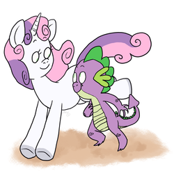 Size: 866x851 | Tagged: safe, artist:nyan-cow, spike, sweetie belle, dragon, pony, unicorn, g4, female, filly, ship:spikebelle, shipping, simple background, white background