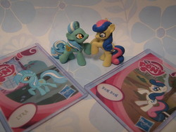 Size: 3648x2736 | Tagged: safe, artist:thelovecat, bon bon, lyra heartstrings, sweetie drops, earth pony, pony, g4, collector card, customized toy, irl, photo, toy