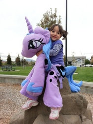 Size: 768x1024 | Tagged: safe, artist:catzilerella, princess luna, alicorn, human, pony, g4, costume, irl, irl human, outdoors, photo, plushie