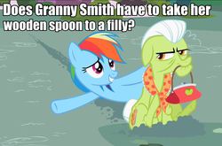 Size: 773x511 | Tagged: safe, edit, edited screencap, screencap, granny smith, rainbow dash, g4, the mysterious mare do well, duo, image macro, mouth hold, purse