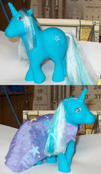 Size: 785x1345 | Tagged: safe, artist:lonewolf3878, trixie, pony, g1, g4, cape, clothes, customized toy, g4 to g1, generation leap, irl, photo, solo, toy