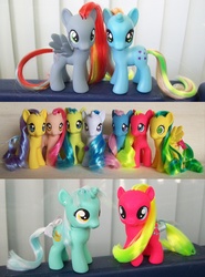 Size: 1255x1700 | Tagged: safe, artist:psaply, baby shady, bon bon (g1), bow tie (g1), lyra heartstrings, majesty, masquerade (g1), paradise, patch (g1), shady, starflower, tootsie, earth pony, pony, g1, g4, customized toy, female, filly, g1 to g4, generation leap, irl, photo, toy