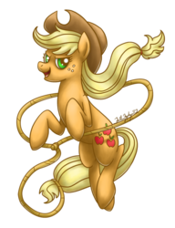 Size: 600x780 | Tagged: safe, artist:fallenzephyr, applejack, earth pony, pony, g4, accessory, applejack's hat, cowboy hat, female, freckles, hairband, hat, lasso, lidded eyes, looking at you, mare, open mouth, rope, signature, simple background, solo, stetson, transparent background