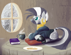 Size: 1540x1200 | Tagged: safe, artist:kidkaizer, zecora, pony, zebra, g4, book, clothes, coffee, cookie, female, hoodie, snow, snowfall, solo, winter
