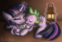 Size: 1900x1300 | Tagged: safe, artist:rainbowspine, spike, twilight sparkle, g4, baby bottle, lantern, mama twilight, spikelove