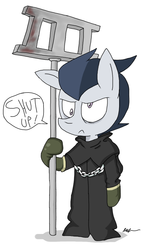 Size: 544x916 | Tagged: safe, artist:lucas47-46, rumble, semi-anthro, g4, clothes, colt, crossover, derp, foal, konami, male, parody, silent hill, solo, the bogeycolt, the bogeyman, weapon