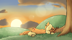 Size: 1848x1040 | Tagged: safe, artist:shadowkixx, applejack, earth pony, pony, g4, female, hooves, lying down, mare, one ear down, solo, sun, sunset