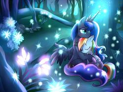 Size: 1024x768 | Tagged: safe, artist:madmax, princess luna, rainbow dash, g4, embrace, eyes closed, female, flower, forest, injured, lesbian, magic, ship:lunadash, shipping, sparkles, story in the comments, tree