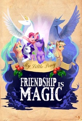 Size: 1181x1748 | Tagged: safe, artist:eundari, applejack, fluttershy, pinkie pie, princess celestia, princess luna, rainbow dash, rarity, spike, twilight sparkle, g4, mane six, old banner, poster