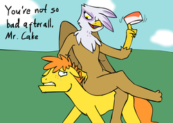 Size: 1276x910 | Tagged: safe, carrot cake, gilda, earth pony, griffon, pony, g4, ask, dialogue, female, hair over one eye, male, riding, sitting, stallion, tumblr