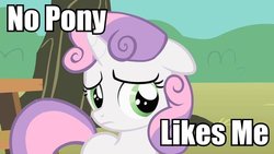 Size: 600x338 | Tagged: safe, edit, edited screencap, screencap, sweetie belle, g4, the show stoppers, blatant lies, bronybait, caption, image macro, sad