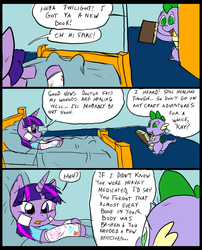 Size: 827x1025 | Tagged: safe, artist:metal-kitty, spike, twilight sparkle, comic:mlp project, g4, bandage, cast, comic, hospital