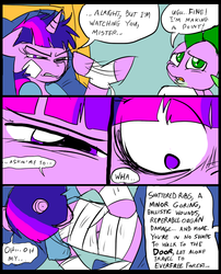 Size: 827x1025 | Tagged: safe, artist:metal-kitty, spike, twilight sparkle, comic:mlp project, g4, bandage, comic, hospital, stitches