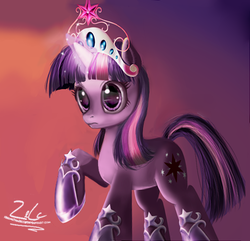 Size: 530x511 | Tagged: safe, artist:zelc-face, twilight sparkle, pony, unicorn, g4, big crown thingy, clothes, element of magic, female, glowing horn, horn, jewelry, magic, regalia, shoes, solo, unicorn twilight