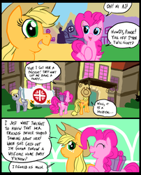 Size: 827x1025 | Tagged: safe, artist:metal-kitty, applejack, derpy hooves, pinkie pie, pegasus, pony, comic:mlp project, g4, bandage, comic, female, hospital, mare, present