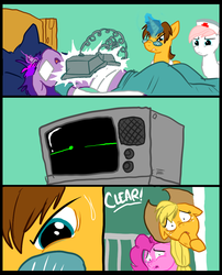 Size: 827x1025 | Tagged: safe, artist:metal-kitty, applejack, nurse redheart, pinkie pie, twilight sparkle, comic:mlp project, g4, bandage, cast, comic, defibrillator, electrocardiogram, flatline, hospital