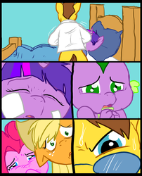 Size: 827x1025 | Tagged: safe, artist:metal-kitty, applejack, doctor horse, doctor stable, pinkie pie, spike, twilight sparkle, comic:mlp project, g4, bandage, comic, cpr
