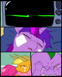 Size: 827x1025 | Tagged: safe, artist:metal-kitty, applejack, pinkie pie, spike, twilight sparkle, comic:mlp project, g4, bandage, comic, crying, crying on the outside, death, electrocardiogram, flatline, hospital, sad