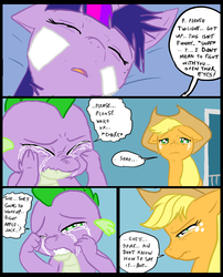 Size: 827x1025 | Tagged: safe, artist:metal-kitty, applejack, spike, twilight sparkle, comic:mlp project, g4, bandage, comic, crying, crying on the outside, death, hospital, sad