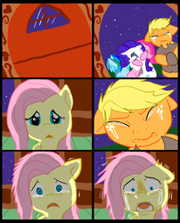 Size: 827x1025 | Tagged: safe, artist:metal-kitty, applejack, fluttershy, pinkie pie, rainbow dash, rarity, earth pony, pegasus, pony, unicorn, comic:mlp project, g4, applejack's hat, comic, cowboy hat, crying, crying on the outside, eyes closed, fluttershy's cottage, hat, hug, makeup, running makeup, sad