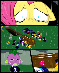 Size: 827x1025 | Tagged: safe, artist:metal-kitty, apple bloom, applejack, carrot cake, fluttershy, pinkie pie, rarity, shining armor, snails, snips, spike, sweetie belle, dragon, earth pony, pony, unicorn, comic:mlp project, g4, casket, coffin, colt, crying, female, filly, funeral, implied death, implied twilight sparkle, male, sad, stallion