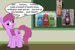 Size: 887x588 | Tagged: safe, berry punch, berryshine, earth pony, pony, g4, bottle, chalkboard, drink, drunk, female, fortified wine, human studies101 with lyra, mare, md 20 20, meme, photo, speech bubble, that pony sure does love alcohol, thunderbird (wine), wild rish rose, wine