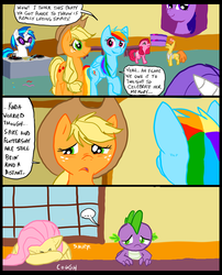 Size: 827x1025 | Tagged: safe, artist:metal-kitty, applejack, carrot cake, dj pon-3, fluttershy, pinkie pie, rainbow dash, rarity, spike, twilight sparkle, vinyl scratch, comic:mlp project, g4, cake, comic, implied death