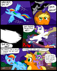 Size: 827x1025 | Tagged: safe, artist:metal-kitty, applejack, rainbow dash, rarity, spike, oc, dragon, earth pony, pegasus, pony, unicorn, comic:mlp project, g4, butt, comic, dragons riding ponies, drool, female, kick, male, mare, plot, riding, spike riding applejack, traumatized