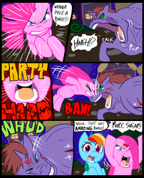 Size: 827x1025 | Tagged: safe, artist:metal-kitty, pinkie pie, rainbow dash, oc, earth pony, pony, comic:mlp project, g4, comic, female, headbutt, hooves in air, mare, pinkamena diane pie