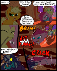 Size: 827x1025 | Tagged: safe, artist:metal-kitty, applejack, fluttershy, pinkie pie, oc, earth pony, pegasus, pony, comic:mlp project, g4, comic, female, fight, mare, party cannon, pony cannonball