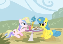 Size: 2480x1748 | Tagged: safe, artist:veganya, holly dash, lemon hearts, pony, unicorn, g4, daisy sandwich, drinking, duo, duo female, eating, female, herbivore, mare, milkshake, sandwich, sitting, table