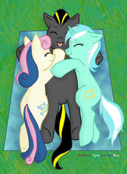 Size: 900x1234 | Tagged: safe, artist:ichigobunny, bon bon, lyra heartstrings, sweetie drops, oc, g4, flightless, hug