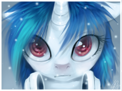 Size: 1600x1200 | Tagged: safe, artist:imalou, dj pon-3, vinyl scratch, pony, unicorn, g4, 2012, bust, close-up, female, headphones, horn, looking at you, portrait, red eyes, solo