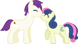 Size: 1451x822 | Tagged: safe, artist:ludiculouspegasus, bon bon, sweetie drops, oc, oc:mascarpone, earth pony, pony, g4, boop, canon x oc, eyes closed, female, male, mare, noseboop, raised hoof, shipping, smiling, stallion, straight