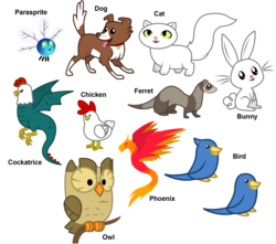 Size: 2000x1764 | Tagged: safe, artist:agirl3003, owlowiscious, bird, cat, chicken, cockatrice, dog, ferret, owl, parasprite, phoenix, rabbit, g4, animal, pets, simple background, transparent background