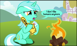 Size: 996x601 | Tagged: safe, artist:coltsteelstallion, edit, lyra heartstrings, human, pony, unicorn, g4, campfire, cropped, crying, cup, dialogue, female, fire, floppy ears, foam finger, frown, hoof hold, humie, i don't like humans anymore, lidded eyes, mare, meme, mug, open mouth, poor lyra heartstrings, sad, sitting, solo, speech bubble, teary eyes
