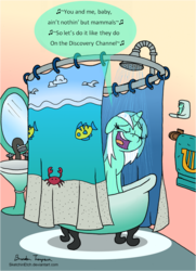 Size: 702x971 | Tagged: safe, artist:sketchinetch, edit, lyra heartstrings, pony, unicorn, g4, bloodhound gang, calibri, female, innuendo, mare, mirror, shower, singing, singing in the shower, the bad touch, wet, wet mane