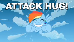 Size: 500x281 | Tagged: safe, edit, edited screencap, screencap, rainbow dash, pegasus, pony, g4, the cutie mark chronicles, attack hug, big grin, caption, female, filly, grin, hug, incoming hug, it's coming right at us, smiling, solo