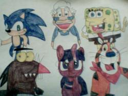 Size: 568x425 | Tagged: safe, artist:mollyketty, twilight sparkle, g4, angry beavers, cinnamon toast crunch, crossover, daggett doofus beaver, male, sonic the hedgehog, sonic the hedgehog (series), spongebob squarepants, tony the tiger, traditional art, wendell