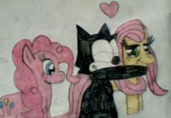 Size: 592x409 | Tagged: safe, artist:mollyketty, fluttershy, pinkie pie, g4, crossover, felix the cat, hug, male, shipping
