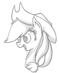 Size: 755x939 | Tagged: dead source, safe, artist:ruby-hooves, applejack, earth pony, pony, g4, bust, female, grayscale, monochrome, portrait, profile, simple background, solo