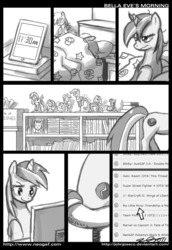 Size: 618x900 | Tagged: safe, artist:johnjoseco, applejack, derpy hooves, fluttershy, pinkie pie, rainbow dash, rarity, twilight sparkle, oc, oc:belle eve, pegasus, pony, g4, bed, belle eve, blanket, book, comic, computer, female, figurine, gamer, games, grayscale, internet, mare, monochrome, morning, neogaf, ponified, sleepy, surfing, tissue, tissue box, trophy