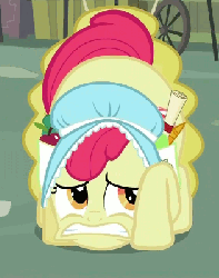 Size: 316x400 | Tagged: safe, screencap, apple bloom, earth pony, pony, family appreciation day, g4, animated, beehive, bonnet, cropped, female, filly, loop, shaking, solo