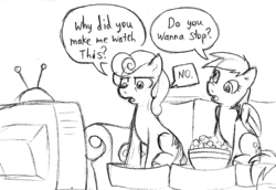 Size: 1000x686 | Tagged: safe, artist:elosande, carrot top, derpy hooves, golden harvest, pegasus, pony, g4, couch, female, mare, monochrome, television