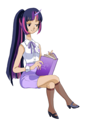 Size: 518x743 | Tagged: safe, artist:zoe-productions, twilight sparkle, human, g4, book, clothes, high heels, horn, horned humanization, humanized, reading, simple background, solo, stockings, transparent background