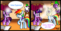 Size: 752x384 | Tagged: safe, artist:neoncabaret, rainbow dash, spike, twilight sparkle, dragon, pegasus, pony, unicorn, g4, 2 panel comic, baby, baby dragon, book, comic, dialogue, egg, egghead, emanata, female, frown, golden oaks library, jumping, laughing, magic, male, mare, open mouth, open smile, pun, shocked, signature, smiling, speech bubble, talking, unicorn twilight, visual pun